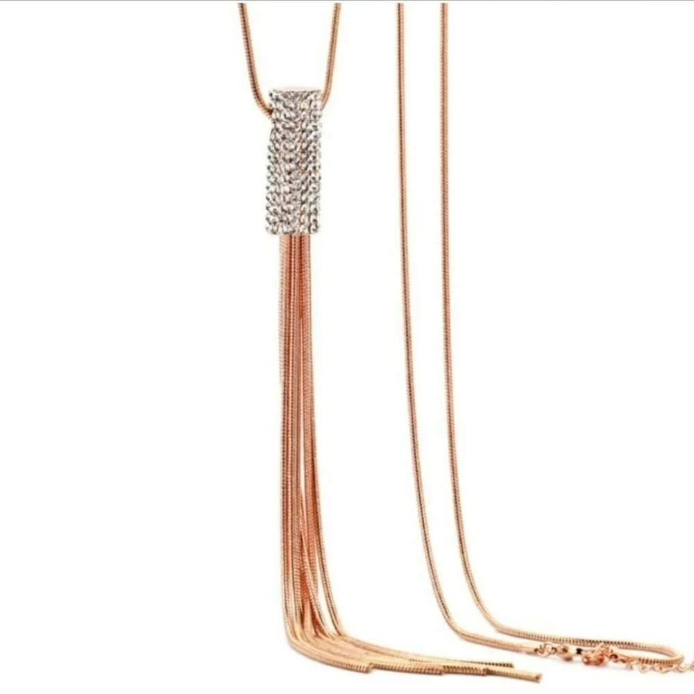 Chic Rose Gold Tassel Necklace With Pave Rhinestones - Picture 5 of 10
